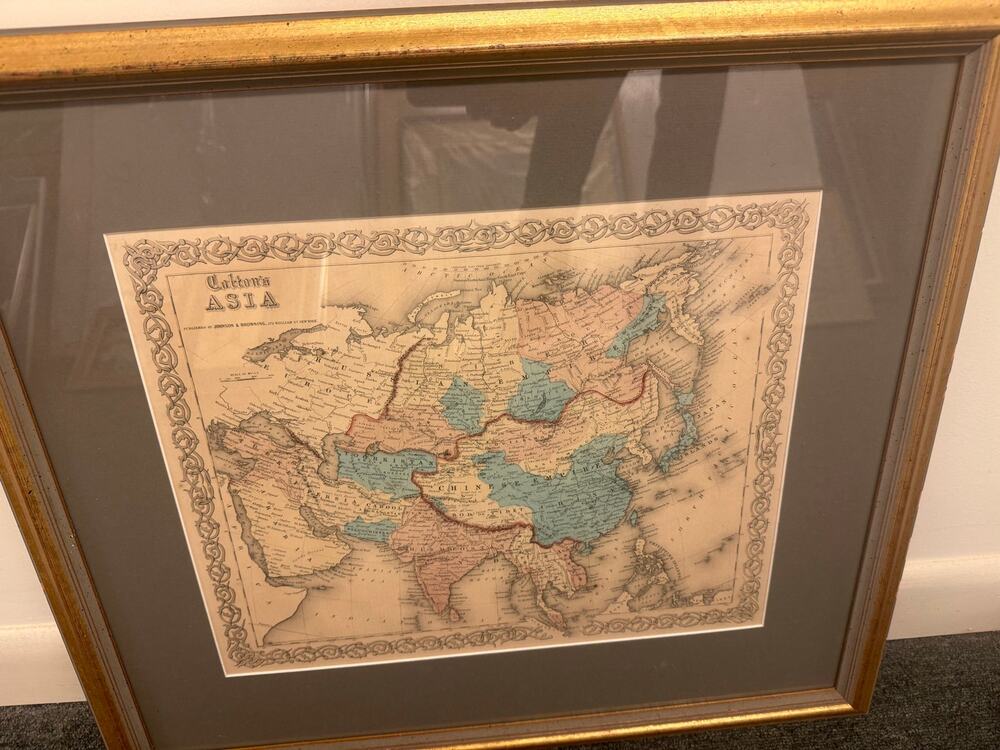 Antique hand-colored Map Asia J.H. Colton & Co. 1850s Framed 24X21.5"